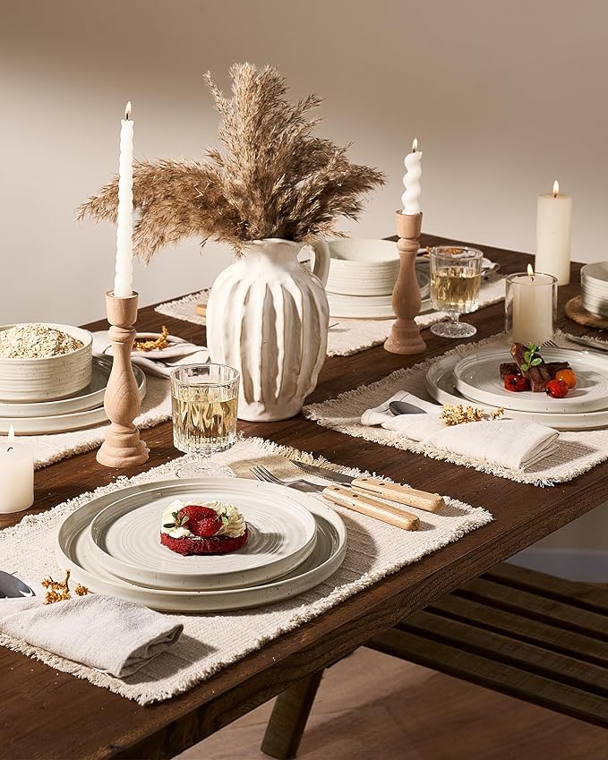 Stoneware Dinnerware Sets, Plate and Bowl Sets for 4, 12 Pieces Spiral Straight Dishware with Speckles and Reactive Glaze, Microwave Dishwasher Safe Family Tableware, Shell Beige
