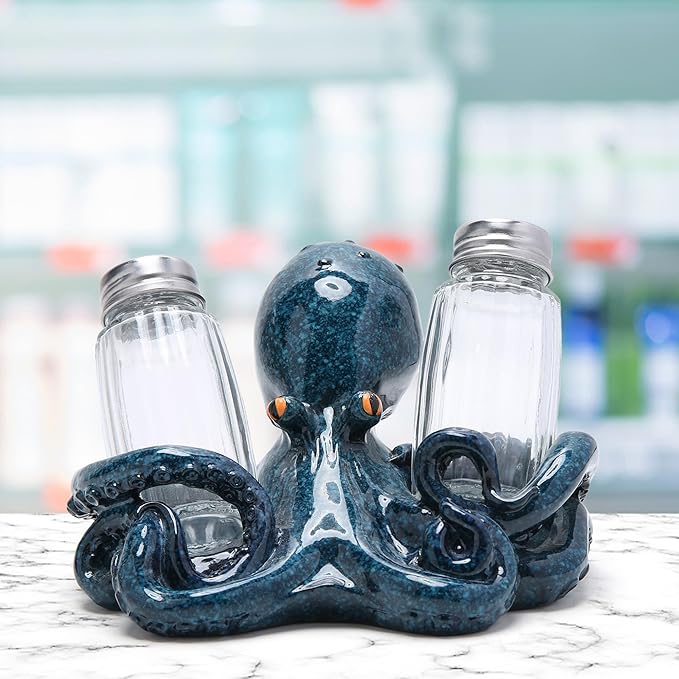 Hodao Octopus With Salt and Pepper Shaker Figurines Decorations Octopus Set with Holder Figurine for Beach Bar or Tropical Kitchen Decor Octopus Table Decorations By Home Gifts (Octopus)