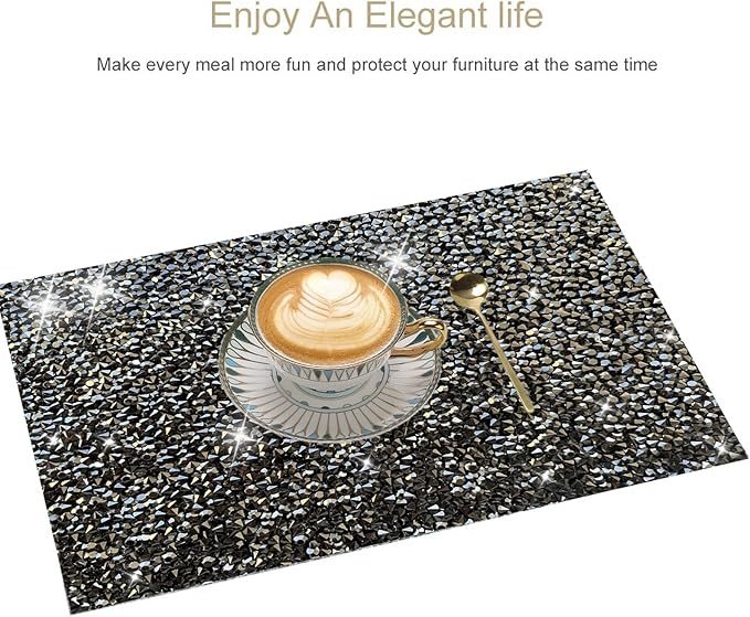 Black Square Placemats - Heat Resistant Mat Set of 4 with Rhinestone Decor and Sparkly Bling