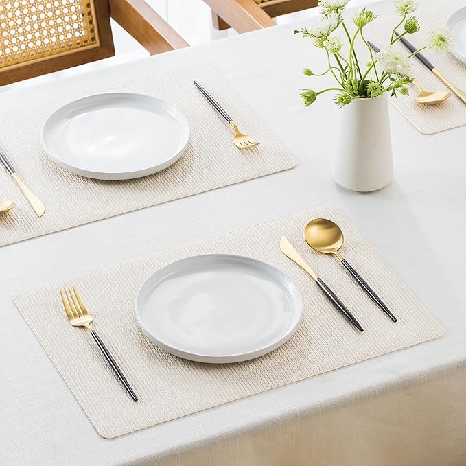Jovono Faux Leather Placemats Set of 4, Waterproof Washable Table Mats, Easy-Clean Heat Resistant Kitchen Vinyl Place Mat for Dining Table, Restaurant, Indoor, 17.8"x11.8", Ivory