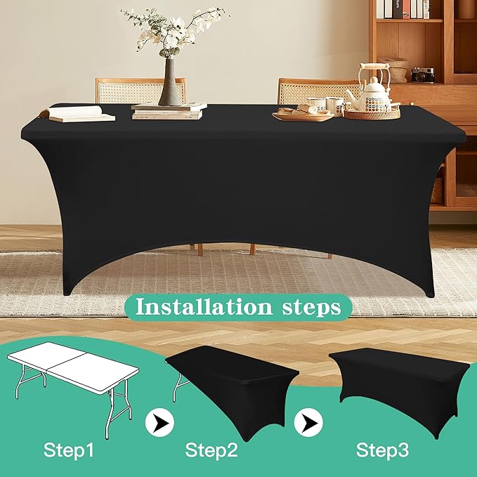 4FT Table Cloth for Rectangular Fitted Events Stretch Black Table Covers Washable Spandex Tablecloth Protector for Party, Wedding, Cocktail, Banquet, Festival