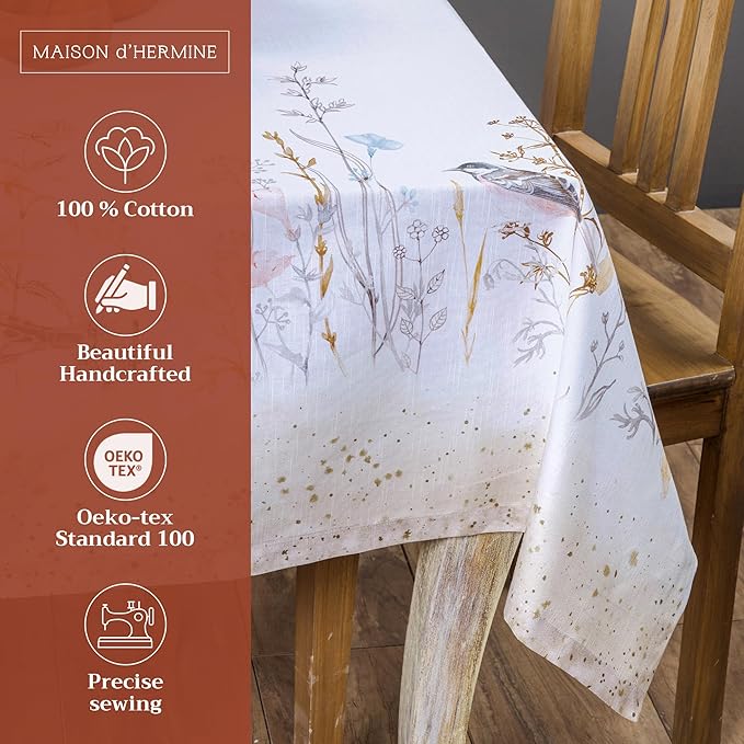 Maison d' Hermine Table Cloth Rectangle Table 100% Cotton 60 x 90 Inches Tablecloth Reusable Decorative for Dining Room Farmhouse Home Valentines Day Decorations Spring Summer - Meadow Florals - Beige