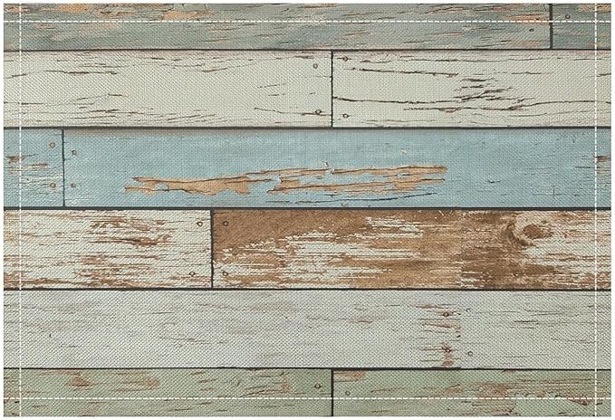 Rustic Plank Placemat Set, Vintage Old Shabby Colorful Beige Green Blue Farmhouse Barn Wooden Board Pattern Home Decor Linen Table Mats for Dining Room Kitchen Party (17x12in) x4P