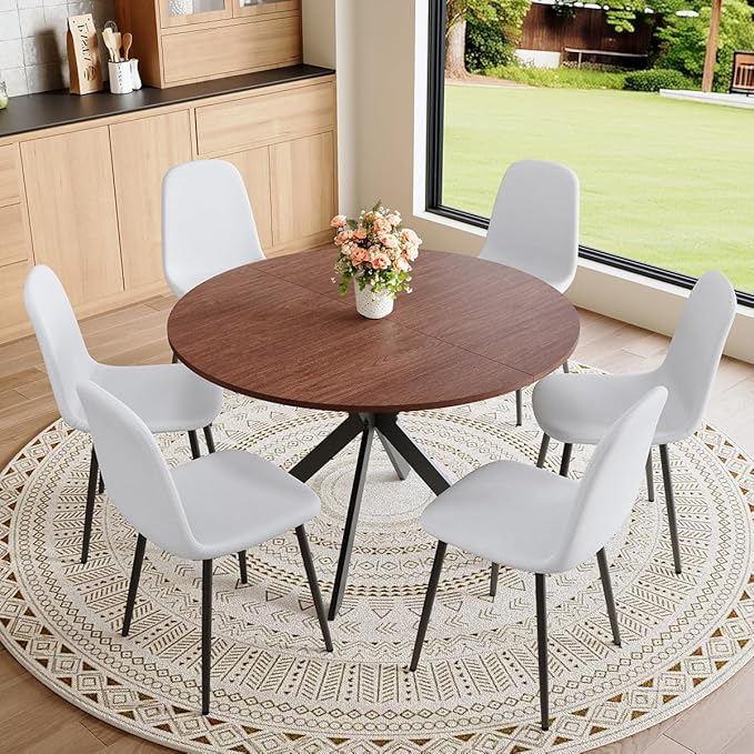 Round Dining Table Set for 6｜42"-54" Extendable Dining Room Table Set｜Wooden Kitchen Table with 6 Chairs｜Mid Century Modern Dinner Table Set with Cross Legs｜Easy Assembly｜Space Saving
