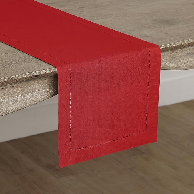 Solino Home Linen Red Table Runner 36 Inches - Classic Hemstitch, 100% Pure Linen Coffee Table Runner 14 x 36 Inch Ideal for Dresser Tables - Valentines, Winter