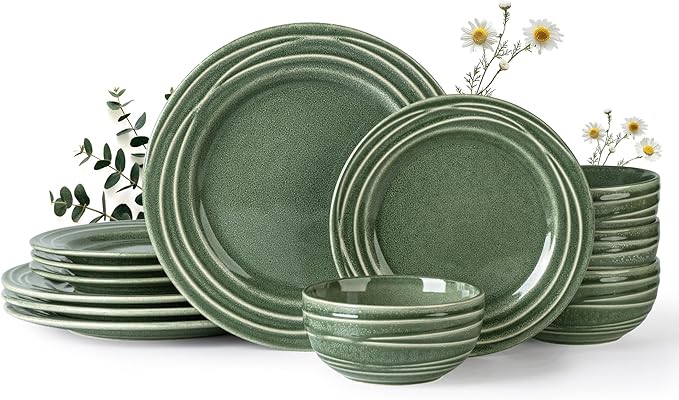 GBHOME Ceramic Dinnerware Sets,12 pcs Embossed Elegant Stoneware Plates and Bowls Sets, Housewarming Wedding Gift | Dishwasher & Microwave Safe | Dishes Set Service for 4,Dark Green