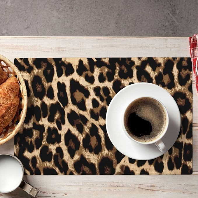 Black Brown Leopard Print Placemats Set of 4 Cheetah Leopard Skin Linen Washable African Wild Animal Placemat Kitchen Dining Heat-Resistant Place Mats Desktop Decor Table Mats 12x18 Inch
