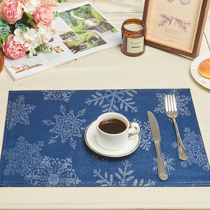 Cloth Place Mats Set of 8–Reusable Rectangular Waterproof Fabric Polyester Washable Wipeable Heat Resistant Jacquard Sparkling Metallic Snowflake for Kitchen Table(Navy Silver/13x19 Inch)