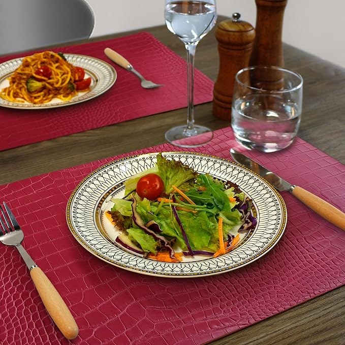 Jovono Faux Leather Placemats Set of 6, Waterproof Heat Resistant Dinner Place Mats for Dining Table, Non-Slip Crocodile Embossed, Red (17.8x11.8 Inch)