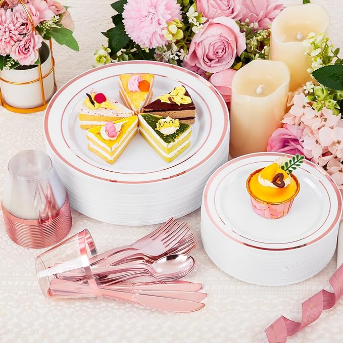 WELLIFE 450 PCS Rose Gold Disposable Dinnerware Set for 75 Guests, Mothers Day Plates, 75 Dinner & Salad Plate, Cups, Forks Knives Spoons for Wedding Reception and Valentine's Day