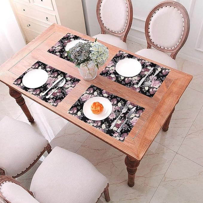 Vintage Floral Placemats Set of 4 Pink Rose Peony Flower Blossom Black Wipeable Table Mats Reusable Washable PVC Rectangle Place Mats for Kitchen Dining Home Decor 12x18 Inches