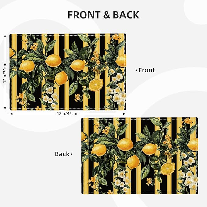 Lemon Placemats Set of 4, Yellow Lemon Place Mats, Fruit Waterproof Washable Table Mats for Home Party Indoor Kitchen Dining Table Decoration 12x18 Inch