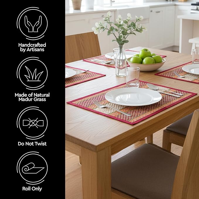 Encasa XO Woven Red Placemats Set of 4 – 12" x 17" | Handwoven Madurkathi Grass Table mats for Dining Table, Kitchen & Outdoor Decor | Durable & Heat‑Resistant