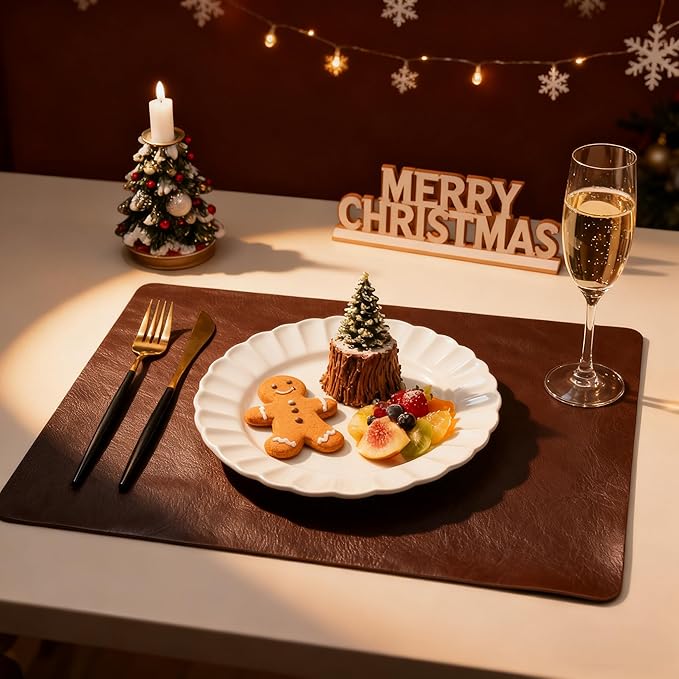 DOLOPL Placemats Set of 12 Reversible Dual-Color Table Place Mats – Heat Resistant Wipeable & Brown Placemats, Luxury Faux Leather Table Mats for Vintage Dining Decor(Dark Brown & Black)