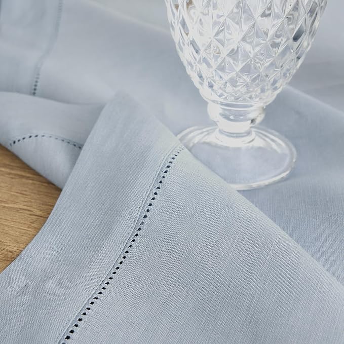 Solino Home Dusty Blue Linen Tablecloth 60 x 156 Inch - 100% Pure Linen Hemstitch Table Cloth for Rectangle Tables - Classic Hemstitch, Machine Washable Tablecloth for Winter, Spring, Easter