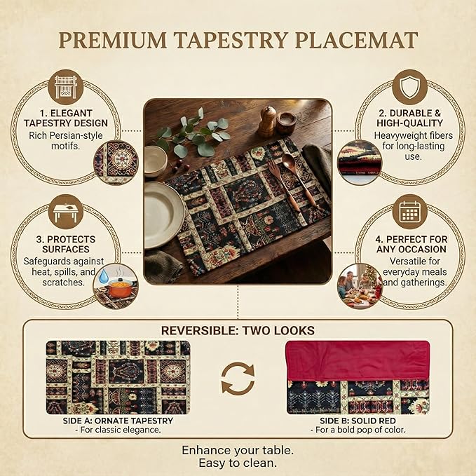 DaDa Bedding Turkish Batik Mughal Floral Tapestry Set of 4 Placemats - Woven Cotton Linen Kitchen Dining Table Mats - Multi-Colorful Black Vintage Indian Garden Ornament Dark Botanical - 13” x 19”