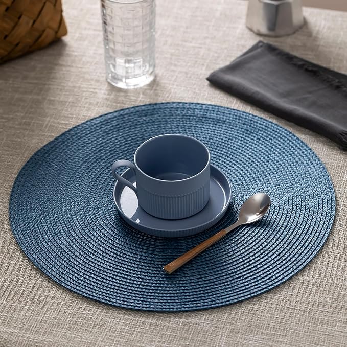 Round Placemats Set of 12 Plastic Woven Placemats Washable Wipeable Table Mats for Dining Table Heat Resistant Non-Slip Circle Place Mats (Royal Blue)
