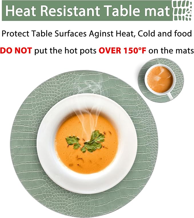 Jovono Round Leather Placemats for Round Tables Set of 6, Green Place Mats and Coasters, Wipeable Waterproof Heat Resistant Table Mats Easy to Care for Indoor Decor 14 inch Diameter