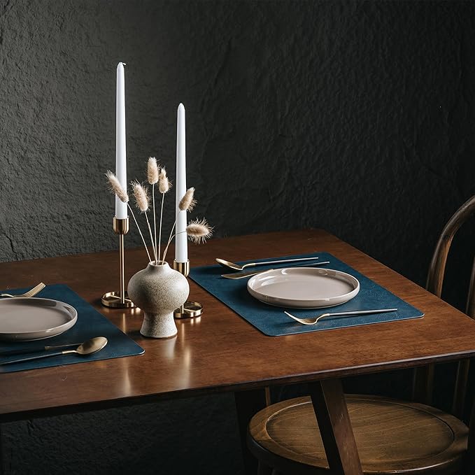 DOLOPL Placemats Set of 6 Reversible Dual-Color Table Placemats – Heat Resistant Wipeable & Washable Place Mats, Luxury Faux Leather Table Mats for Vintage Dining Table Decor (Camel & Navy Blue)