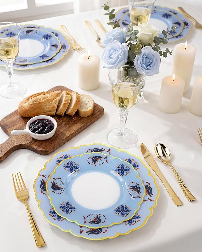 Morejoy 60Pcs Plastic Disposable Plates Set - Blue Plastic Plates Featuring Blue & Orange Floral Design With Gradient Gold Rim. Includes 30 Dinner Plates & 30 Dessert Plates, Perfect for Wedding,Party