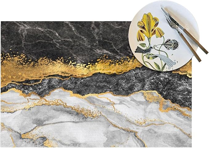 Black Gold Marble Placemats Set of 4 Linen Washable Non-Slip Heat-Resistant Gold and Black Grey Kitchen Table Mats for Dining Outdoor Party Home Decor 12x18 Inch Decorative Place Mats