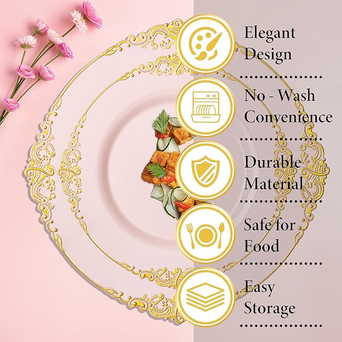 Nervure 100PCS Pink and Gold Plastic Plates - 7.5 inch Pink Plastic Plates with Gold Rim - Disposable Dessert Plate for Wedding & Party