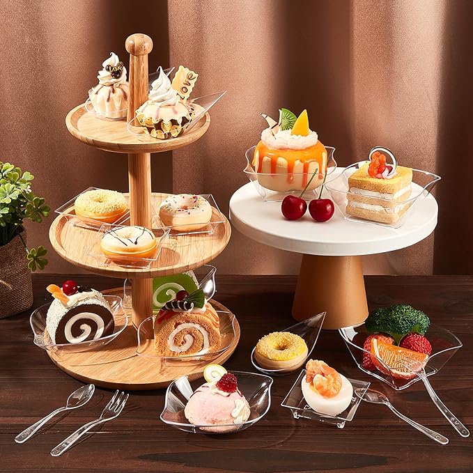 Tessco 800 Pcs Mini Appetizer Plates Set Including 400 Disposable Dessert Plates Assorted Shape 200 Mini Plastic Forks 200 Plastic Spoons for Party(Clear,Classic)