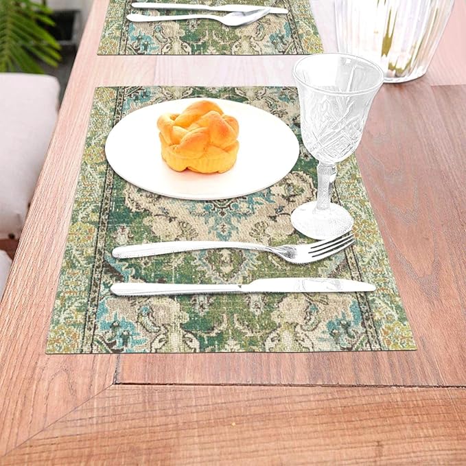 Sage Green Placemats 12x18 Inches Set of 4, Boho Vintage Ethnic Carpet Decorative Rectangle Table Mats for Party, Home Kitchen,Dining Table Decoration