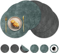 Round Placemats and Coasters Set of 6, Washable Reversible Faux Leather Placemats Cowhide Pattern Place Mats Wipeable Non-Slip 15 inch Round Kitchen Dining Table Mats (Gray Blue Green, 6)