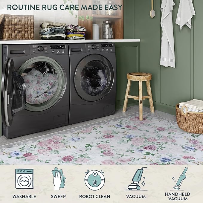 Lahome Purple Floral 5x7 Area Rugs, Boho Rugs for Bedroom Girls,Vintage Living Room Rug Non Slip Low Pile Ultra-Thin Large Carpet for Farmhouse,Dining Room,Kids Playroom,Nursery(5'X7',Purple/Grey)