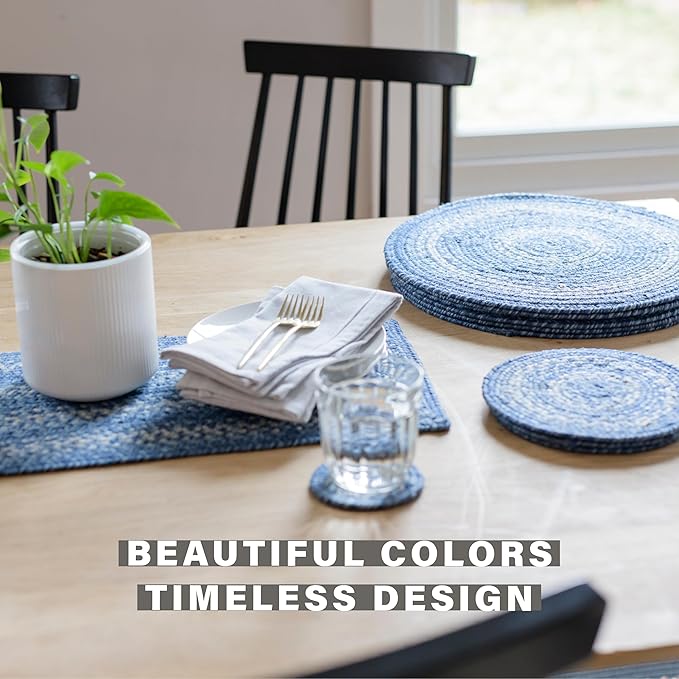Homespice Denim Braided Oval Table Runner, Country Coastal Decor, Blue 11x36 - Jute Dining Table Accessories - Rich Colors, Easy to Clean, Durable and Protects Furniture