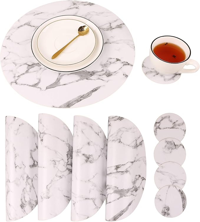 Marble Round Placemats and Coasters, Faux Leather Waterproof Table Mats, Easy to Wipe Off for Kitchen Dining Round Table