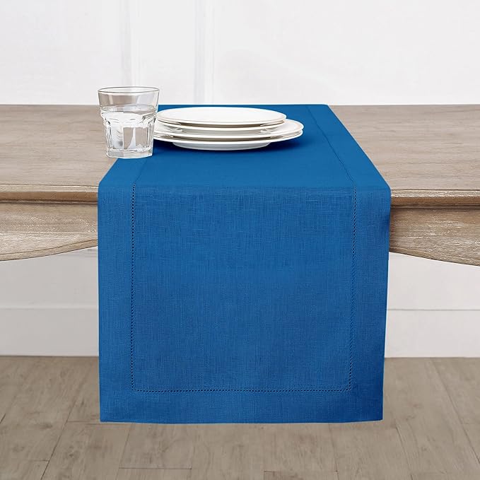 Solino Home Linen Table Runner 36 Inches - 100% Pure Linen Indigo Blue Hemstitch Table Runner 14 x 36 Inch Ideal for Dresser and Coffee Tables - Spring, Easter - Classic Hemstitch