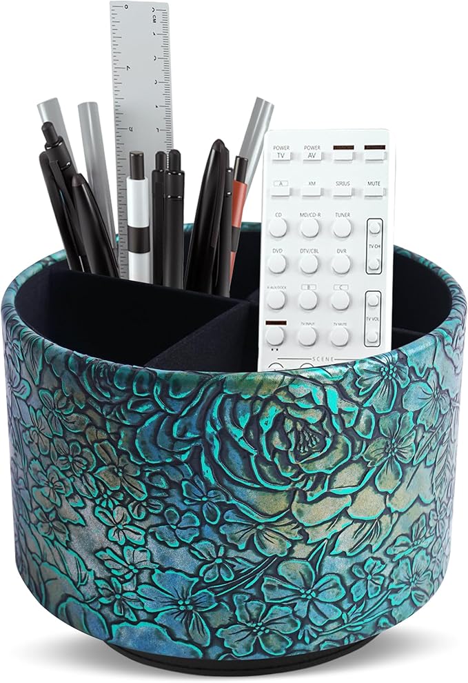 Round Leather Art Supply Organizer,Remote Control Holder,360 Degree Spinning,Multi-Functional Pencil Holder,4 Compartments Desktop Stationary Organizer(1-Rich Flower Green)