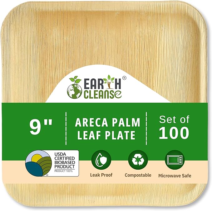 Compostable Palm Leaf Plates 9 Inch Square (100 Pack) | Disposable Biodegradable Plates Like Bamboo & Wooden | Microwave & Oven Safe | Eco-Friendly