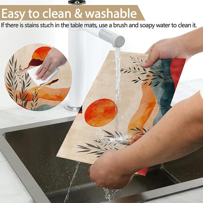 Mid Century Table Placemats Set of 6, Waterproof Linen Fabric, Non-Slip Backing & Easy Clean, Elegant Dining Table Protectors for Family and Guests(Abstract Sun)