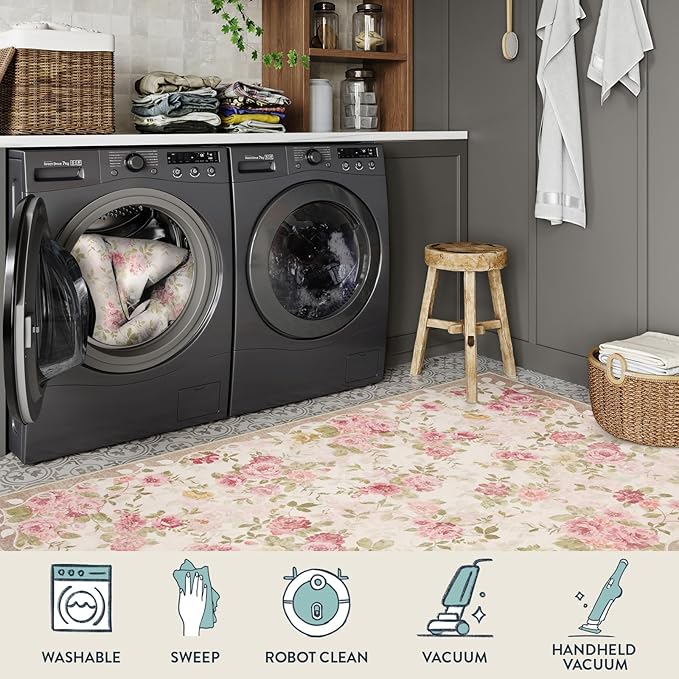 Lahome Floral Washable 3x5 Rug, Small Rugs for Bedroom Soft Non-Slip,Entry Way Rugs Indoor Low Pile Carpet for Nursery Kids Playroom Beige/Pink/Multi