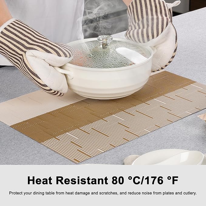 Placemats Set of 8, Vinyl Woven Place Mats Indoor Set of 8 Washable Wipeable PVC Table Mats Heat-Resistant Non Slip Placemat for Kitchen Dining Outdoor Table (Beige Light Brown, Set of 8)