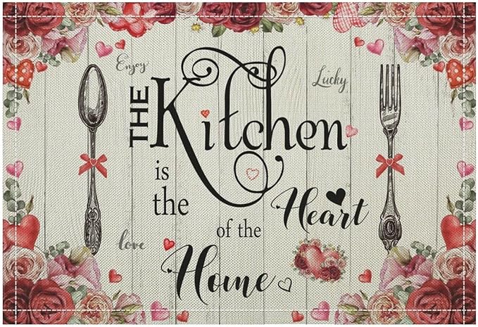 Retro Farmhouse Placemat Set, Romantic Pink Rose Floral Rural Plank Art Sketch Cutlery Knife Fork Inspirational Quotes Pattern Home Decor Linen Table Mats for Dining Room Kitchen Party (17x12in) x2P