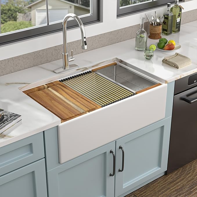 30 White Farm Sink Workstation - Fulorni 30 Inch Farmhouse Kitchen Sink Workstation with Slide Ledge Apron Front Reversible White Fireclay Ceramic Porcelain Single Bowl Farmer Style Basin