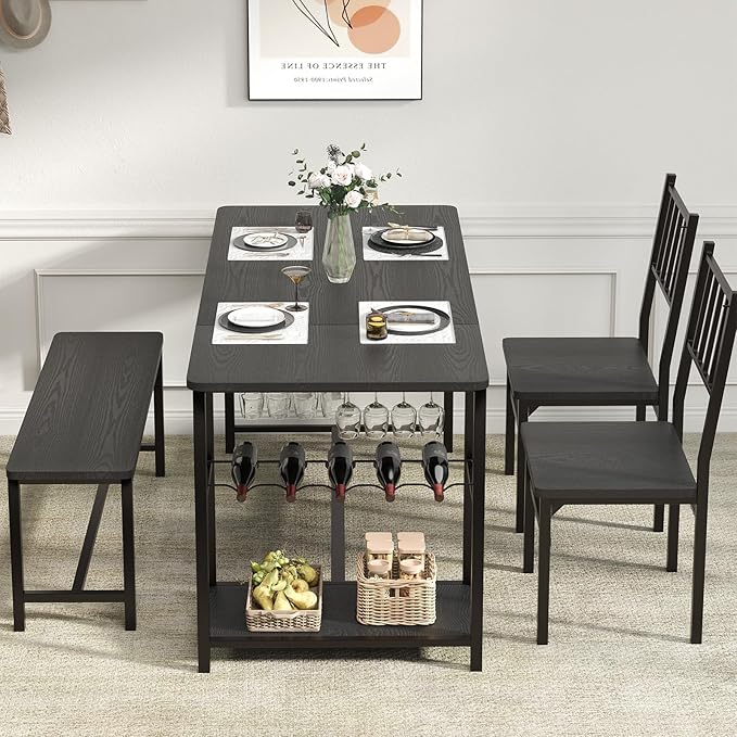 4 EVER WINNER Dining Table Set for 4, 55" Small Kitchen Table with Wine Rack & Wine Glasses Holder, Dining Room Table Set with 2 Chairs and Bench for Small Space, Black