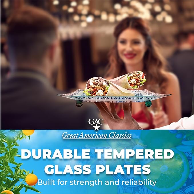 GAC Florentine Tempered Glass Square Serving Tray with Ball Legs – Chip Resistant, Oven & Microwave Friendly - Ideal Present – Clear Glass Square Plate for Appetizers & Desserts – Blue, 10-Inch