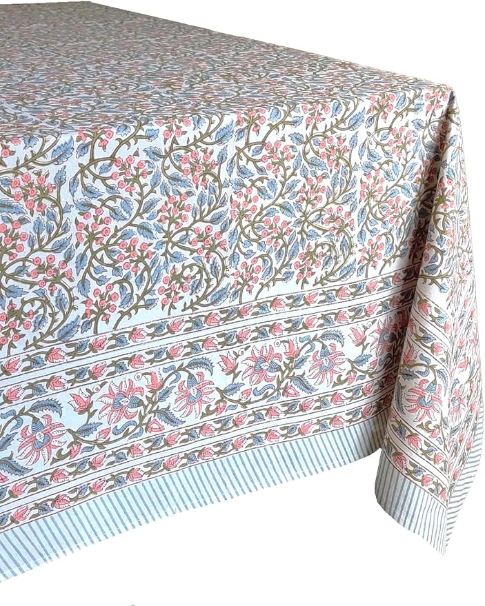 ATOSII Kalina 100% Cotton Rectangle Tablecloth, Handblock Print Floral Table Cloth for Kitchen Dining Linen I Weddings Outdoors Easter Spring Summer I 72 X 140 Inches I 12 Seater
