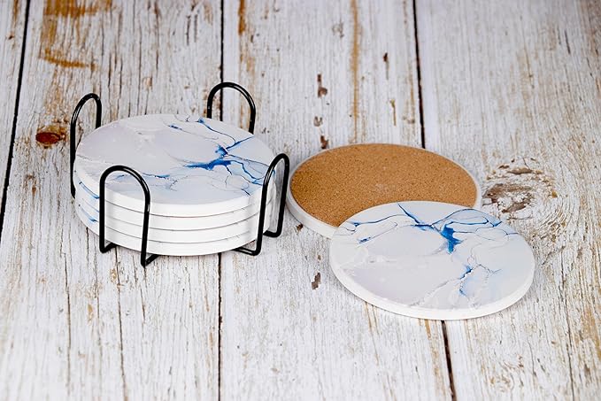 Marble Ceramic Coasters with Metal Holder 6 Pcs Abstract Absorbent Drink Round Ceramic Table Coasters Set Decorative Coffee Cup Beverage 4 Inches- Light Blue