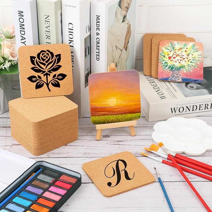 130 Pieces 4 x 4 Inch Cork Coasters for Drinks, 100 mm Square Cork Coasters, Non-Slip, Heat-Resistant, Absorbent & Reusable, Perfect for DIY Crafts and Home Tabletop Decoration