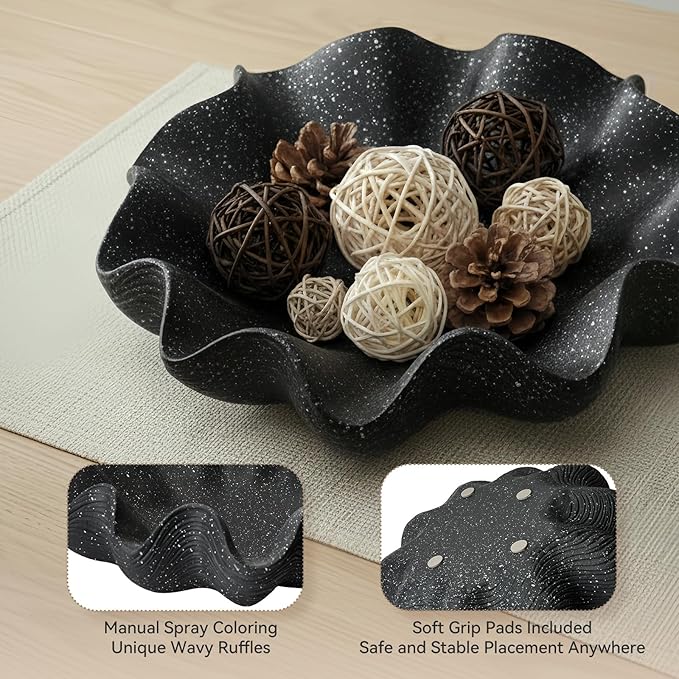 Scalloped Decorative Bowl Home Decor - 12.6" Modern Handicraft Large Shell Ruffle Decorative Fruit Bowl for Kitchen Counter, Chic Key Tray for Entryway Table, Starry Black