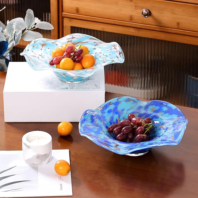 Hand Blown Murano-style Art Glass Bowl, 10.2-Inch Large Decorative Centerpiece for Table, Cobalt Blue Fruit Display & Kitchen Counter Decor