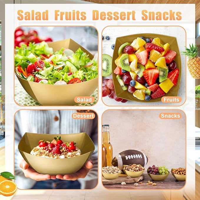 Tanlade 50 Pcs Square Plastic Serving Bowls Disposable Snack Salad Bowl Small Party Candy Bar Containers Taco Bar Serving Dishes for Buffet Chips Fruit (16 oz,Black, Gold)