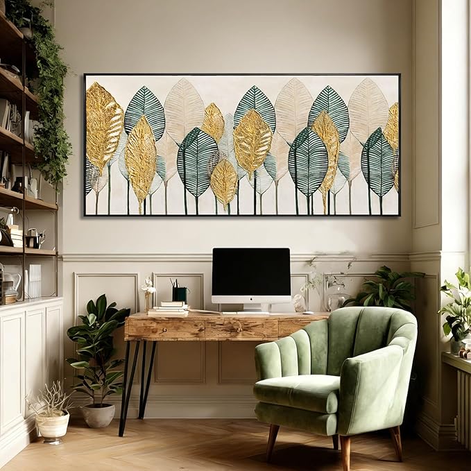 CHUDANHAO Green and Gold Wall Art Leaves Wall Decor Modern Canvas Painting 32"x70" Pictures for Dining Room Area Large Artwork for Living Room
