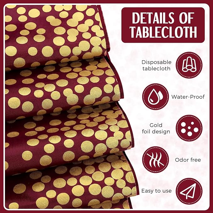 Breling 8 Pack Burgundy and Gold Disposable Plastic Tablecloths and Satin Table Runner Set, 54 x 108 Inch Tablecloth, 12 x 108 Inch Table Runners for Wedding Graduation Birthday Baby Shower